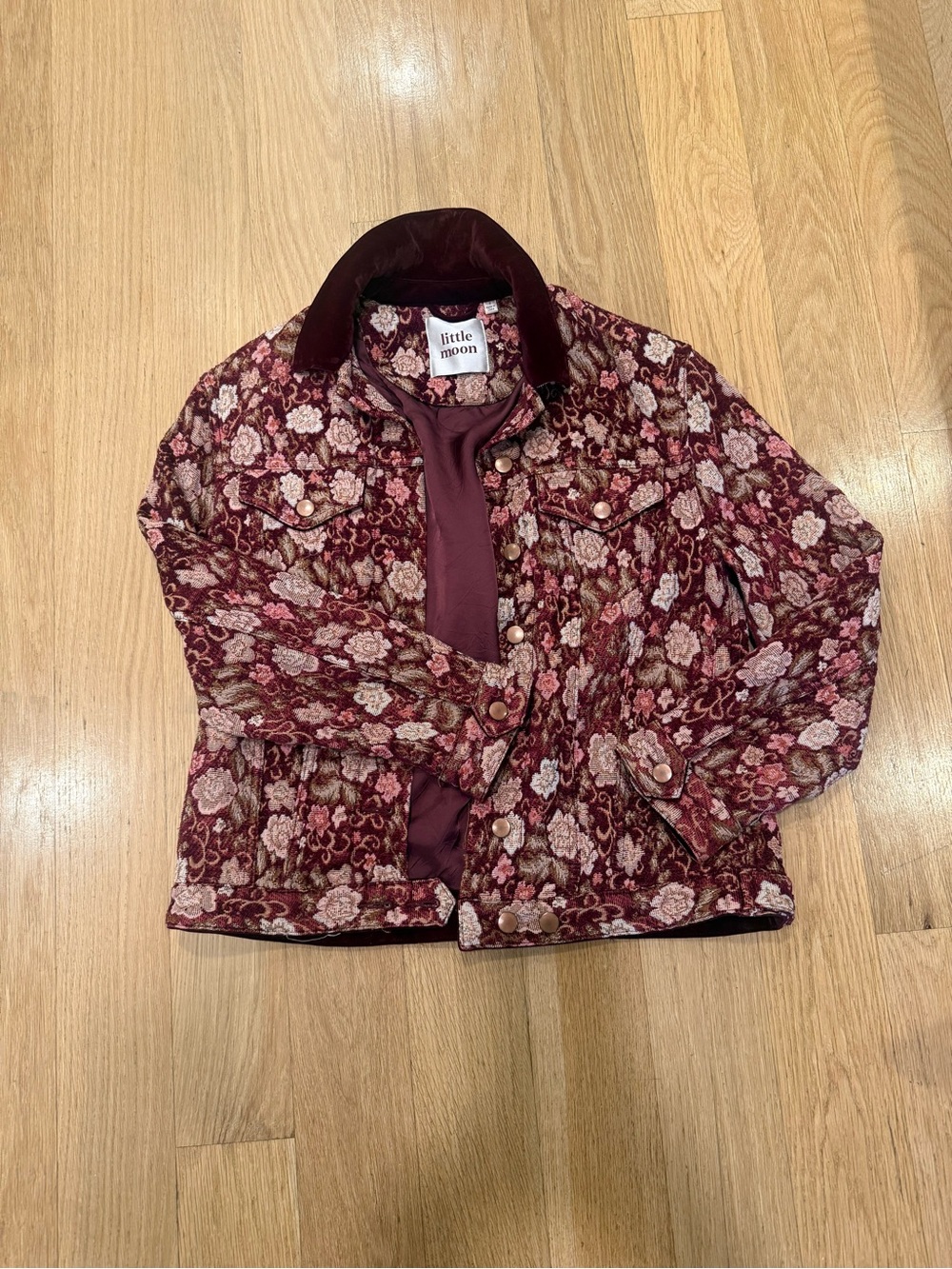 Little Moon Burgundy Floral Quilted Jean Jacket
